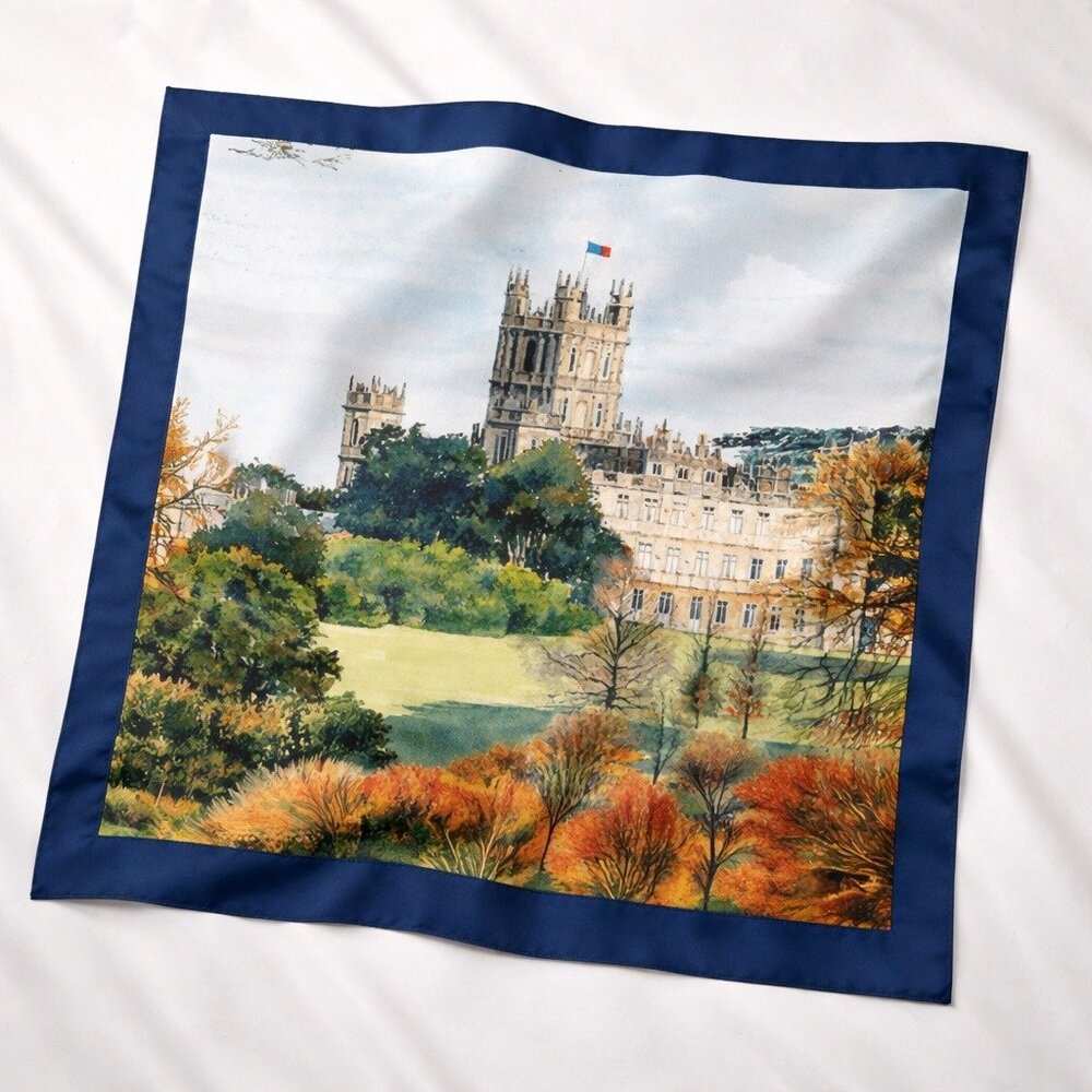 100% Silk Square Scarf Blue Landscape Print Hand Wash Only(